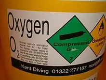The white adhesive plastic label displays the gas name, Oxygen, and the chemical symbol O2 with a block of small text on the left side describing the hazards of the contents, then a green diamond symbol for compressed gas and a yellow diamond for oxidising agent.