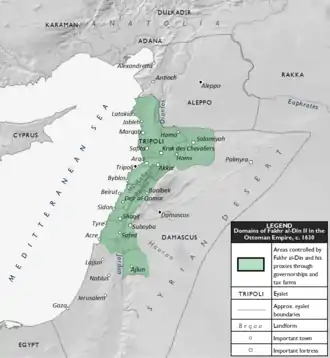 The Emirate of Mount Lebanon at its greatest extent under Fakhr al-Din II, circa 1630