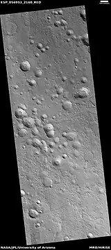 Possible expanded secondary craters, as seen by HiRISE under HiWish program. These craters may have become much wider, as ice left the ground around the rims.