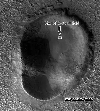 Double crater.  Box shows size of football field.  The object broke into two right before striking surface.