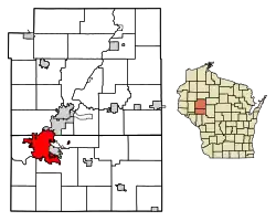 Location of Eau Claire in Eau Claire Countyand Chippewa County, Wisconsin.
