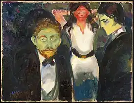 Jealousy, 1907, .mw-parser-output .frac{white-space:nowrap}.mw-parser-output .frac .num,.mw-parser-output .frac .den{font-size:80%;line-height:0;vertical-align:super}.mw-parser-output .frac .den{vertical-align:sub}.mw-parser-output .sr-only{border:0;clip:rect(0,0,0,0);clip-path:polygon(0px 0px,0px 0px,0px 0px);height:1px;margin:-1px;overflow:hidden;padding:0;position:absolute;width:1px}75&nbsp;cm ×&nbsp;98&nbsp;cm (29+1⁄2&nbsp;in ×&nbsp;38+1⁄2&nbsp;in), Munch Museum, Oslo
