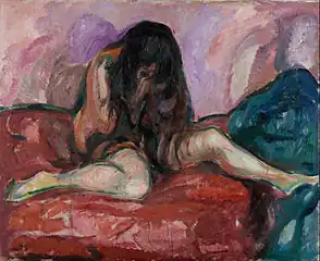 Weeping Nude, 1913–1914, .mw-parser-output .frac{white-space:nowrap}.mw-parser-output .frac .num,.mw-parser-output .frac .den{font-size:80%;line-height:0;vertical-align:super}.mw-parser-output .frac .den{vertical-align:sub}.mw-parser-output .sr-only{border:0;clip:rect(0,0,0,0);clip-path:polygon(0px 0px,0px 0px,0px 0px);height:1px;margin:-1px;overflow:hidden;padding:0;position:absolute;width:1px}110&nbsp;cm ×&nbsp;135&nbsp;cm (43+1⁄4&nbsp;in ×&nbsp;53+1⁄4&nbsp;in), Munch Museum, Oslo