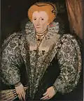 Elizabeth I wearing free-stitched blackwork sleeves, stomacher, and collar (beneath a sheer linen ruff), c. 1590