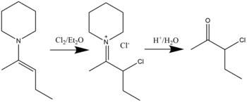 Chlorination/brominatio of enamines takes place in diethyl ether.