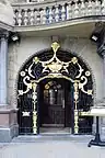 Entrance to The Philharmonic Dining Rooms, the iron gates are a rare use in Liverpool of the Art Nouveau style(1900; Grade II*)