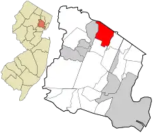Location of Caldwell in Essex County highlighted in red (right). Inset map: Location of Essex County in New Jersey highlighted in orange (left).