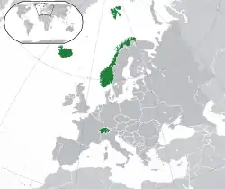 Location of&nbsp;the&nbsp;EFTA{{{1}}}&nbsp;(green)in Europe&nbsp;(green & dark grey)