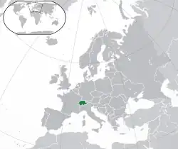 Location of Switzerland (green)in Europe (green and dark grey)