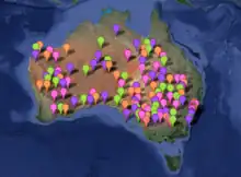 Locations of Bureau of Meteorology operated weather stations which recorded a temperature of 45&nbsp;°C or above during January 2013.