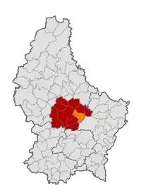 Map of Luxembourg with Fischbach highlighted in orange, and the canton in dark red