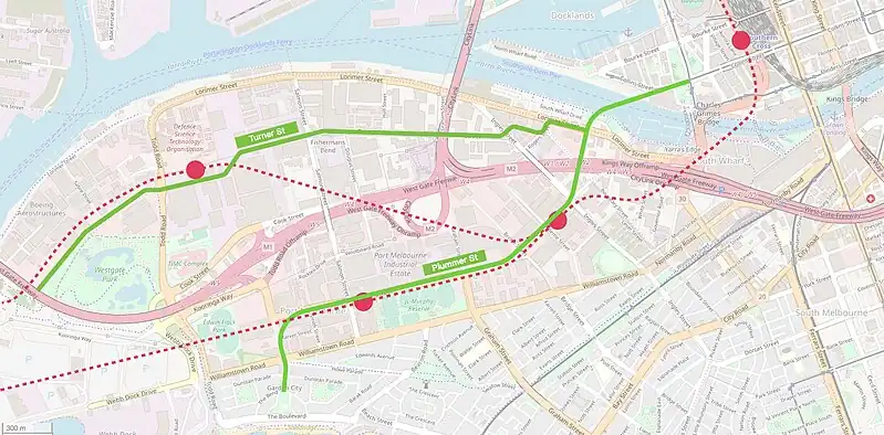 Map showing the two proposed extensions of the tram network through Fishermans Bend