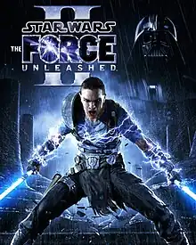 Out in the rain, the protagonist Starkiller wields two blue lightsabers as his body is surrounded by electricity, while Darth Vader, visible from the chest up, is superimposed in the background.