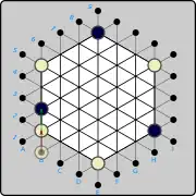 (1b) ... and pushes the piece up to B2 from the dot &nbsp;(W)B1→B2&nbsp;, displacing the Black piece at B2 to B3 as shown