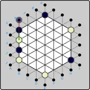 (2) Black counters by introducing a piece on B6, then pushes it down to B5 &nbsp;(B)B6→B5&nbsp;, displacing the White piece to B4.