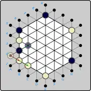 (3b) White could have introduced the piece on A2 instead, then pushed to B2 &nbsp;(W)A2→B2&nbsp;, with the same result. However, placing on A2 opens up the option to push to B3 instead &nbsp;(W)A2→B3&nbsp;, displacing the black piece to C4.