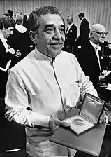 Gabriel García Márquez wearing a liqui liqui, the national costume for men in Venezuela