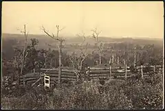 Sepia toned photo shows field fortifications built from logs.
