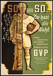 A German election poster. On the left there is an armed soldier in front of some gravestones. On the Right there is a cheerful Olympian holding a football. The main caption reads "Either way, you can choose" in German.