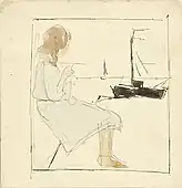 Girl Knitting by the Sea, pencil and watercolour by Theo van Doesburg, 1918