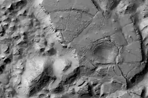 Gorgonum Chaos as seen by Mars Reconnaissance Orbiter HiRISE. Image is 4&nbsp;km (2.5&nbsp;mi) wide.  Image in Phaethontis quadrangle.