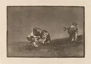 Νο. 16: El mismo vuelca un toro en la plaza de Madrid ("He turns a bull upside down by himself in Madrid's plaza")