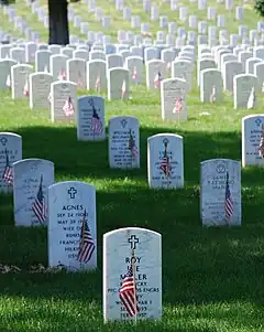 Gravestones at Arlington National Cemetery decorated with U.S. flags on Memorial Day.
