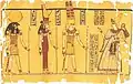 Ramesses III talking with the Theban Triad: Amun, Mut and Khonsu. The ‘Great Harris Papyrus’ at the British Museum, c. 1150 BC. Image taken from the book The Search for Ancient Egypt (p.&nbsp;91) by Jean Vercoutter.