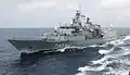 A view from USS&nbsp;Seattle, showing HS Psara underway conducting a replenishment at sea in 2002