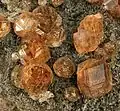 Group of Grossular crystals, largest 1.1&nbsp;cm, from Val-des-Sources, Quebec