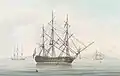 Left to right: HMS Revolutionnaire, HMS Rochefort and HMS Race Horse during the internment of Sir Thomas Freemantle on 22 December 1819, at Baia Bay, Naples