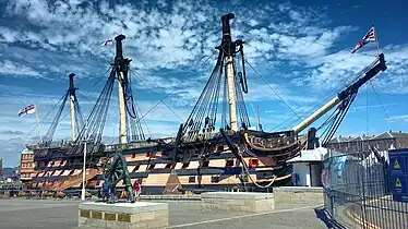 Starboard side of the British ship of the line HMS&nbsp;Victory