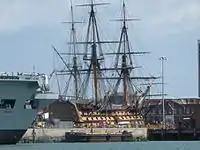 HMS&nbsp;Victory at drydock in Portsmouth Harbour, 2007