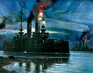 The battleship SMS&nbsp;Habsburg at night, 1904