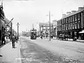 Circa 1907 with an electric tram near the Northern Counties Committee station  at York Road railway station.