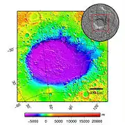 Hellas Basin Area topography. Crater depth is 7152&nbsp;m (23,000&nbsp;ft) below the standard topographic datum of Mars.