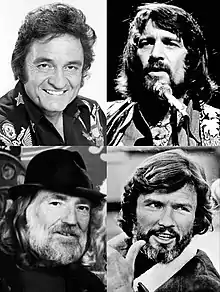 Clockwise from top left: Johnny Cash (1977), Waylon Jennings (1976), Willie Nelson (1985), Kris Kristofferson (1978)