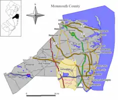 Location of Howell Township in Monmouth County highlighted in orange (right). Inset map: Location of Monmouth County in New Jersey highlighted in black (left).
Interactive map of Howell Township, New Jersey