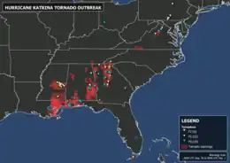 A map of the Eastern United States depicting the locations of confirmed tornadoes and outlines of tornado warnings