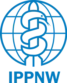 A blue line illustration of a missile intertwined with a serpent imposed on a blank globe. Below it are the capital letters "I P P N W".
