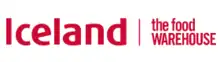 Red text only on a white background, with Iceland to the left and the food warehouse in smaller characters to the right