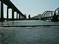 International Bridge (left) and rail bridge (right) with the remedial berm in the foreground