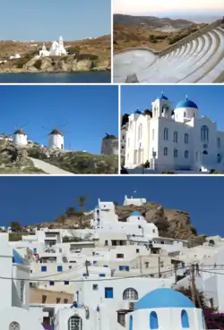 Clockwise from top: Church of Saint Irene, Odysseas Elytis Theatre, Cathedral Church Of Ios, Chora Hill, Windmills in Chora