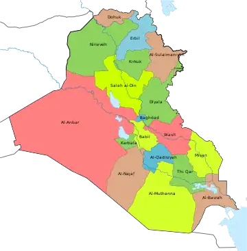 A clickable map of Iraq exhibiting its governorates.