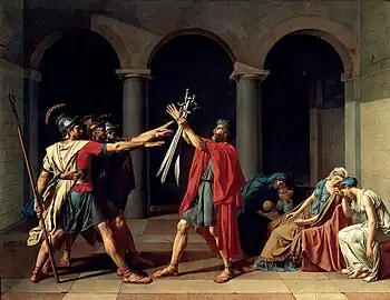 Oath of the Horatii; by Jacques-Louis David; 1784; oil on canvas; 3.3 x 4.27 m; Louvre