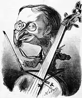 sketch of gaunt, beaky, bewhiskered man, wearing Pince-nez eyeglasses, with a cello