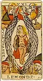 The World card from the Jean Dodal Tarot of Marseille deck (1701–1715)