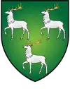 A shield displaying a coat of arms. A green background with three white stags (two above one) facing left, with their front right feet raised