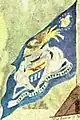 A painting of the Pennsylvania flag, featuring the state coat of arms with white horses, and other various adornments around the coat of arms, on a field of blue.