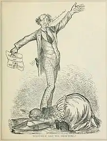 A black-and-white cartoon of a late-middle-aged man standing atop a woman labelled "Canada". His arms are spread and he smiles. On one hand is written "I need another $10,000", and in the other hand is a piece of paper on which is written, "Prorogation and suppression of the investigation".